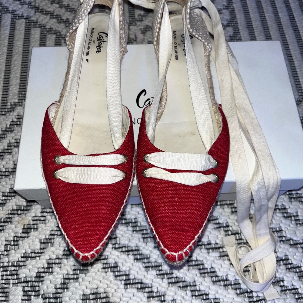 Castaner by Manolo Blahnik red pointy toe espadrilles